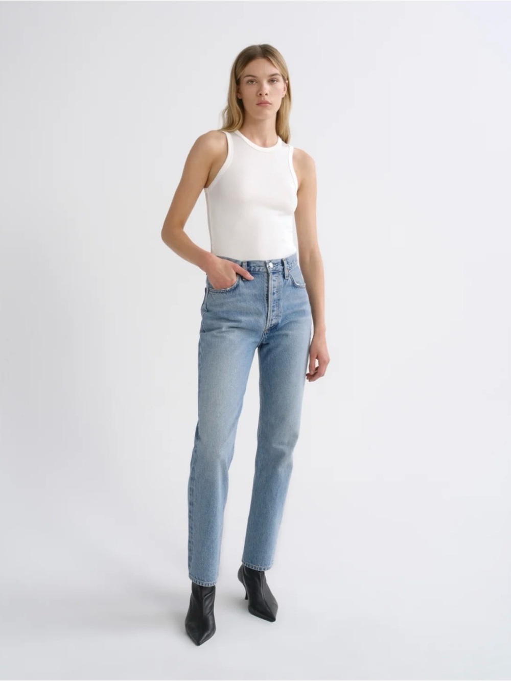 AGOLDE 90’s Pinch Waist High-Rise Straight Jeans in Light Blue Wash